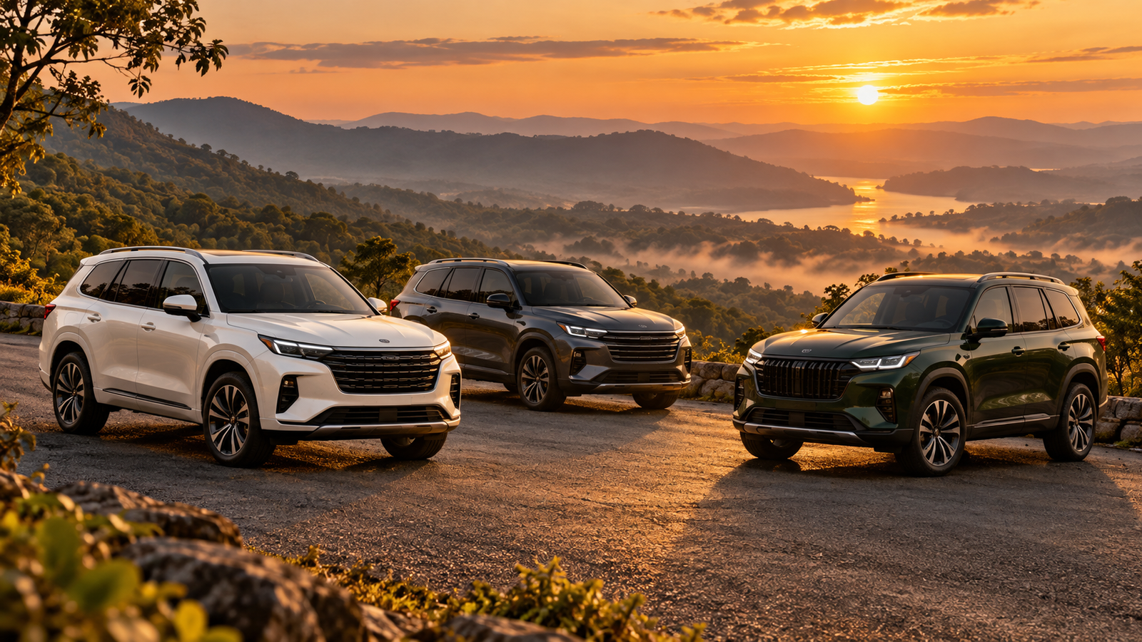 Illustrative scene of three premium SUVs on a scenic road at sunset